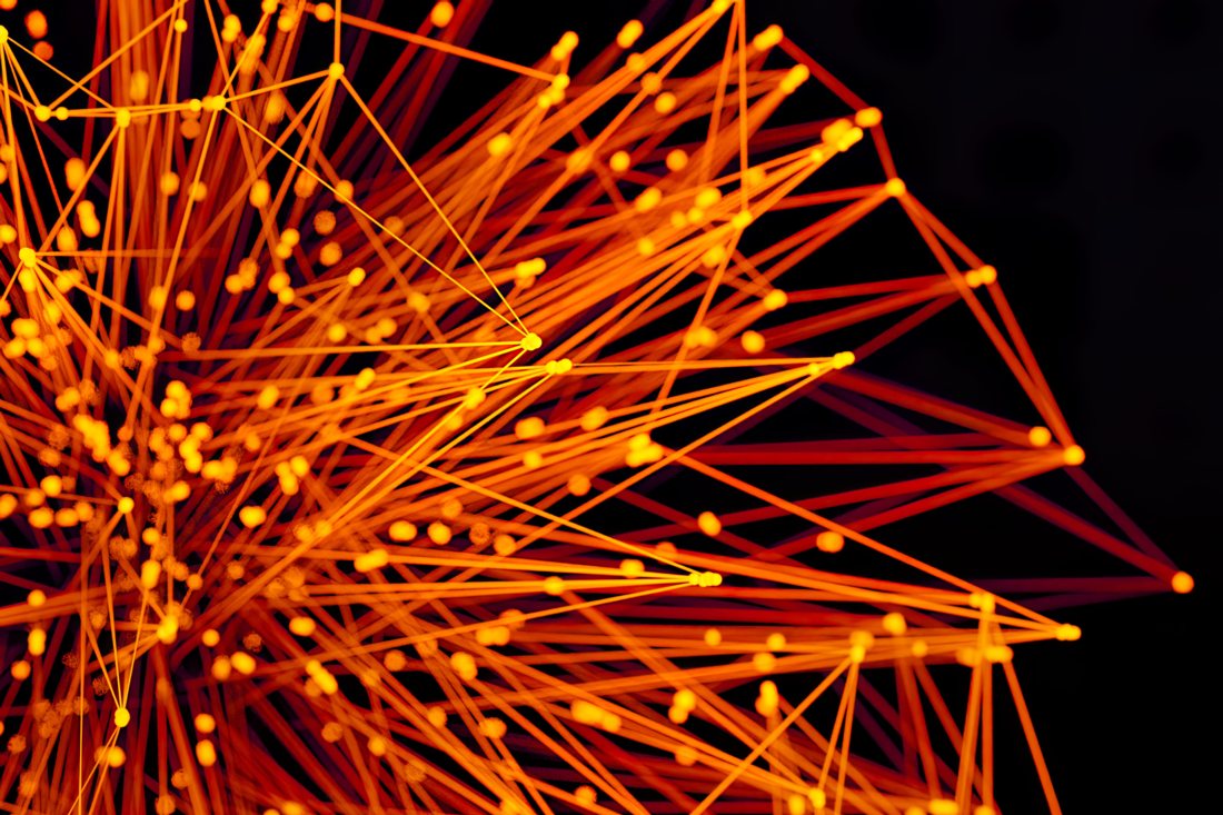 A web of glowing orange lines and connection points