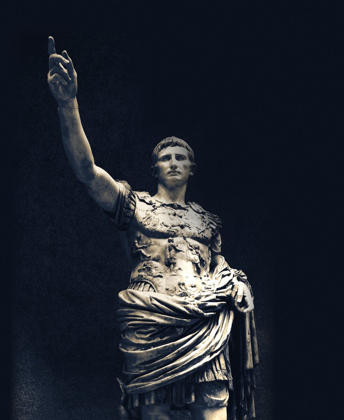 The Augustus of Prima Porta, a marble statue of Rome’s first emperor in carved armor with his right arm raised
